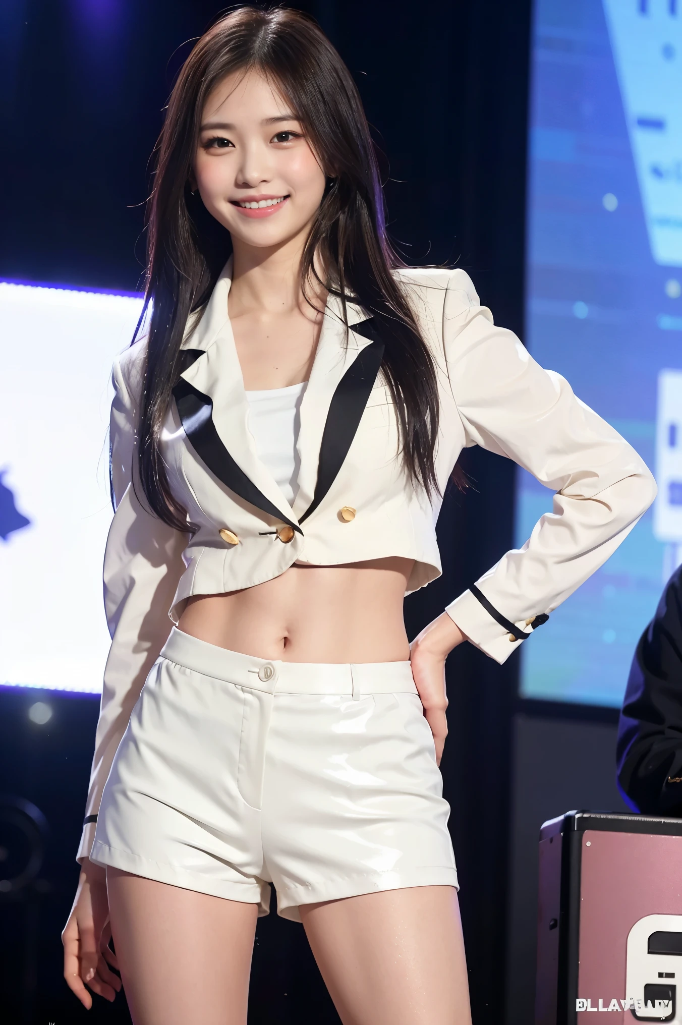 (8k), (highest quality: 1.2), (Realistic), (Realistic: 1.37), Ultra-high resolution, 1 girl, cute, (Embarrassed smile:1.2), (Blushing:1.4),Mouth closed, Beautiful details, Beautiful Nose, black straight Hair, Giant Dulcefo, pork, Thighs,Navel exposed,University Student Uniform,A simple blazer,(white tiny hot pants:1.2),Dancing on the school stage,(Shiny legs:1.4),Medium Shot