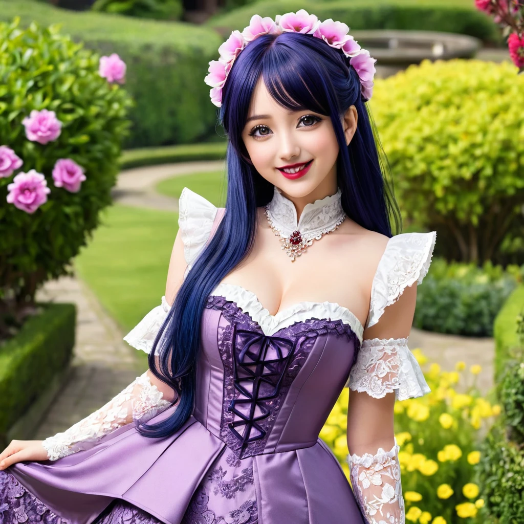 (absurdres, highres, ultra detailed), masterpiece, hinata(boruto), ((solo)), 1girl,medium breasts, long purple victorian style dress, closed mouth, (((long hair))),standing, the bodice and the skirt pattern, frill skirt, lace, blink blink effect, (((detailed lips))), garden, pink and yellow flowers, ((realistic skin)), glowing skin, ((glossy red lips)), purple eyes, portrait, beautiful, smile, (((dark blue hair))), bust crop, normal skin