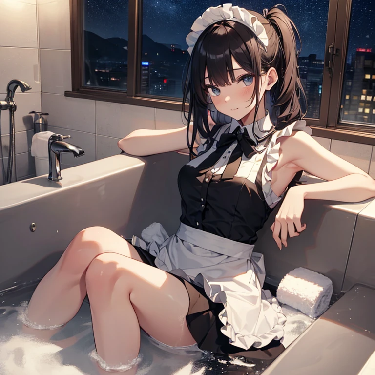 A maid, (in bathroom), various hair styles, night, details face, short skirt, seducing, sleeveless, maid uniform, armpits, laying on bath tub