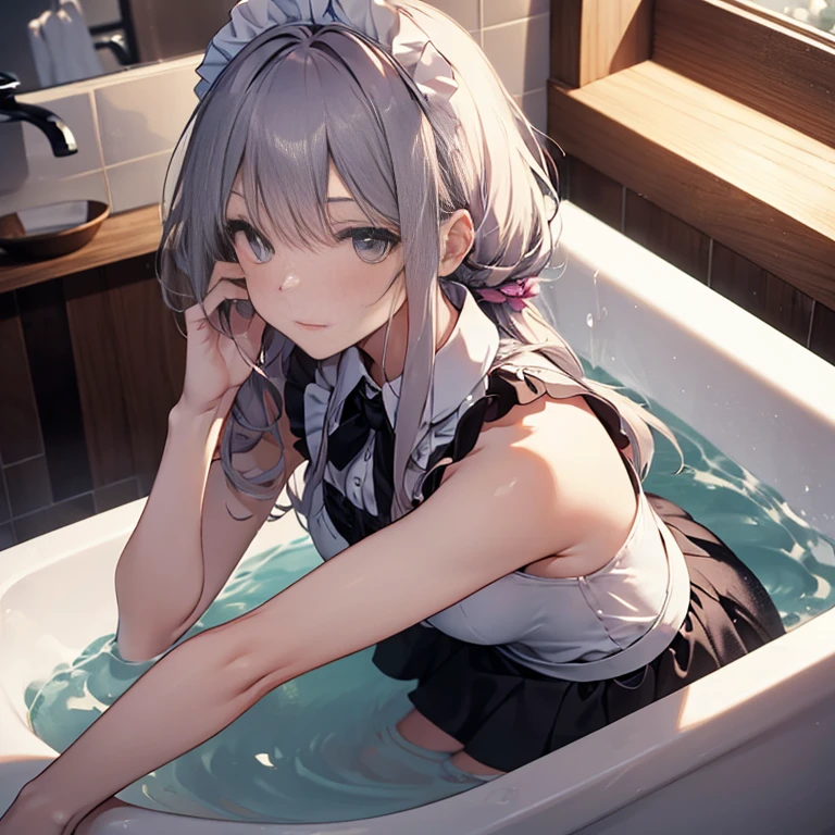 A maid, (in bathroom), various hair styles, night, details face, short skirt, seducing, sleeveless, maid uniform, armpits, laying on bath tub