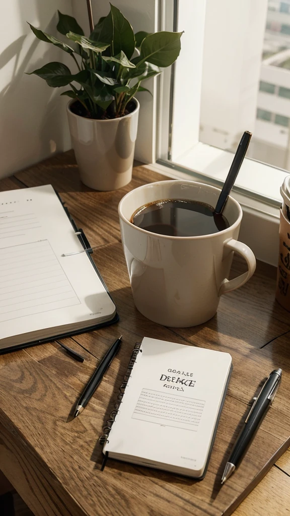 Create an image of an organized work desk, naturally lit. The desk must have an open laptop, a notebook with a pen next to it, and a cup of coffee. The environment must convey productivity and focus. Leave free space in the image to add a motivational phrase, ensuring the text can be easily read