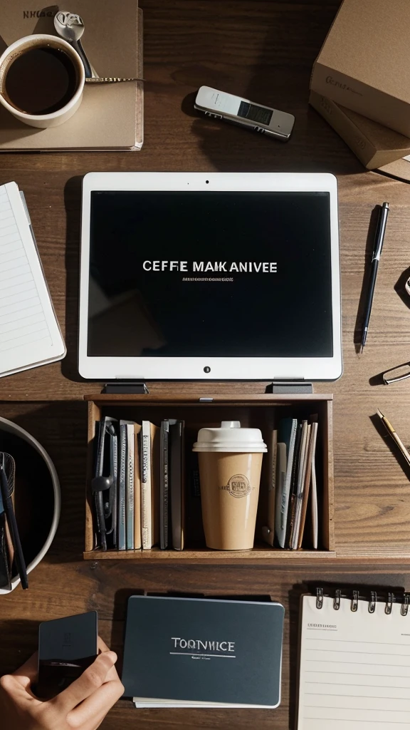 Create an image of an organized work desk, naturally lit. The desk must have an open laptop, a notebook with a pen next to it, and a cup of coffee. The environment must convey productivity and focus. Leave free space in the image to add a motivational phrase, ensuring the text can be easily read