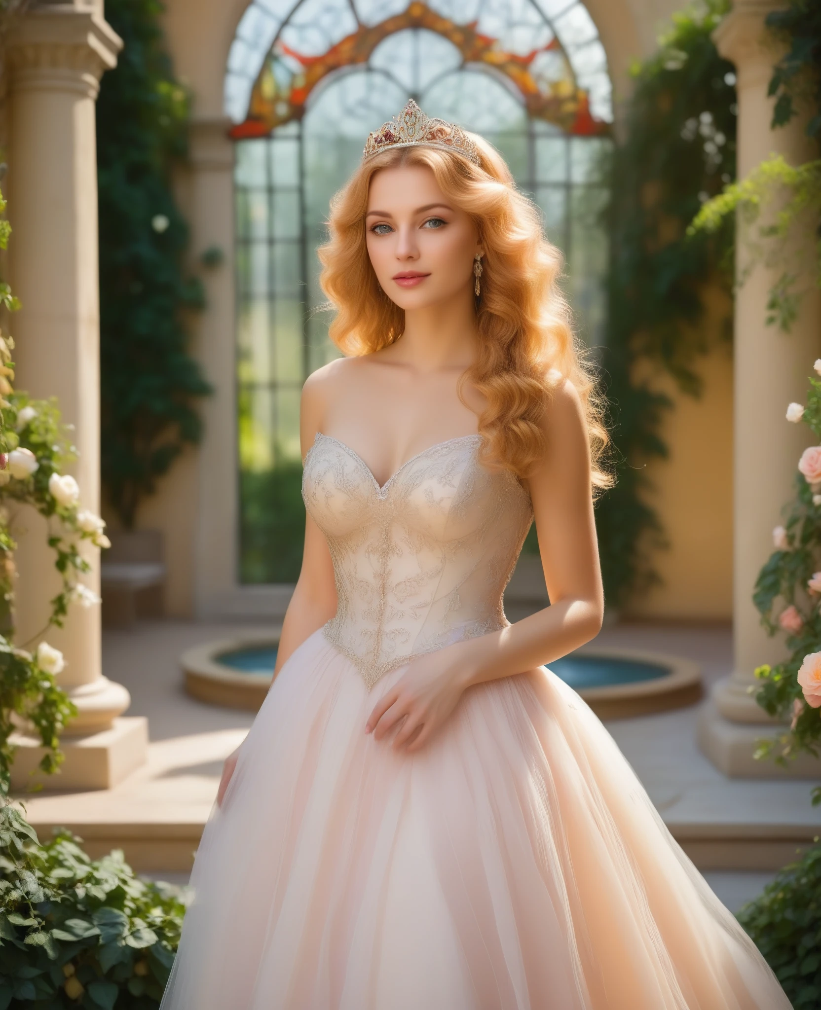 princess in blissful languor, beautiful detailed eyes, beautiful detailed lips, flowing gown, dreamy expression, golden hair cascading down, sparkling tiara, strawberry blonde curls, royal palace, soft sunlight filtering through stained glass windows, exquisite chandelier lighting, romantic atmosphere, vibrant colors, Mediterranean garden, fragrant flowers in full bloom, fountain with dancing water, whispering breeze, whimsical butterflies fluttering around, faint sound of birds chirping, lush greenery, ivy-covered trellis, endless rows of blooming roses, Prince Charming's irresistible presence, anticipating love and happiness, (best quality, 4k, 8k, highres, masterpiece:1.2), ultra-detailed, (realistic, photorealistic, photo-realistic:1.37), romantic portrait style, soft pastel color palette, dreamy lighting, ethereal ambiance