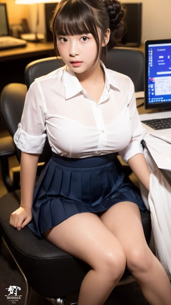 (Highest quality, 8K, masterpiece ), A 12-year-old junior high school student with a young face、Bun hairstyle、 Short Hairstyles、The eyes are large and clear、F cup large breasts、Black Hair、My shirt is about to tear、Glamour thighs:1.2、satin button down shirt, Highly detailed face, double eyelid, Round face:1.2、whole body、Sexy thighs:1.2、Round face:1.3、Side angle,Diagonal horizontal angle:1.2、Pleated mini skirt、Sitting in a chair in a dark office at night with the lights out、A computer is placed in a dark office at night with the lights off.
