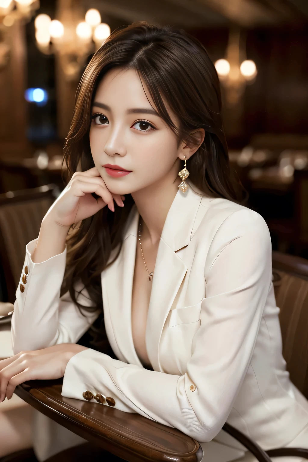 masterpiece, Highest quality, Realistic, Very detailed, Finer details, High resolution, 8k wallpaper, One beautiful woman, Wear a nice suit, In a great restaurant, At night, Light brown messy hair, Perfect dynamic composition, Beautiful and beautiful eyes、Big earrings、Sit on a chair、