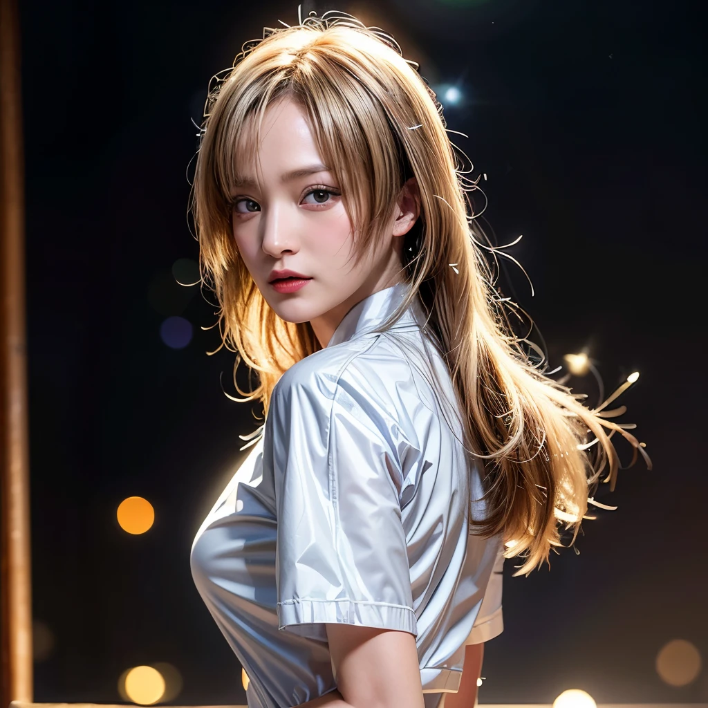 NSFW, 8k, High-level, absurd, masterpiece, best quality, primitive, very detailed CG, very detailed wallpaper, perfect lighting, Extremely detailed (((The personifying " ユマ サーマン in Kill Bill " as a Girl))), MysticSight, Tyndall effect, Tyndall scattering, Studio gray background with (many Dazzling RainbowColor particles BokeH:1.28), (RoundlyButts, ThighGap), (Exposed:0.4), (Assfocus with looking ahead), BREAK (NOGIZAKA face variations) Extremely Detailed very KAWAII face variations, perfect anatomy, Childish, captivating gaze, elaborate detailed Eyes with (sparkling highlights:1.28), long eyelashes、Glossy RED Lips with beautiful details, Coquettish tongue, Rosy cheeks, Radiant PearlSkin with clear transparency . { (Dynamic LifeLike expressions:1.4) | :d) }, (large eyes:-1) .
