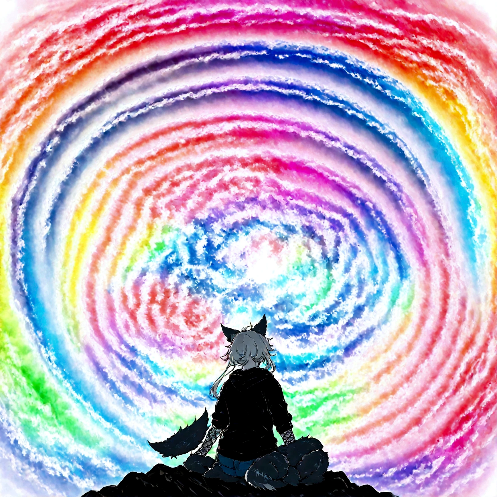 a cute adult male with wolf ears, long white hair, long locks, has a wolf tail, wearing a loose cropped black hoodie, wearing a pair of denim short shorts and fishnet stockings, thick thighs, wide hips, relaxing on mound of fluffy multi colored kawaii plushies, short, very slim, showing slender tummy, heart on hoodie, squishy thighs, has glowing blue eyes. alone, solo (ALONE)(SOLO), surrounded by rainbows, colorful galaxy backround