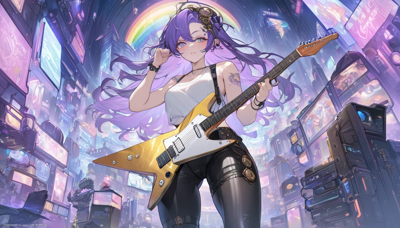 Highest quality, Highest quality, 16K, Unbelievably absurd, Very detailed, 2.5D, delicate and dynamic, Beautiful woman playing electric guitar, A cool guitar with a star-shaped gold-plated body, White tank top, black tight leather pants, Engineer boot, tattoo, accessories, Captivating look, Best body shape, Charm Pose, Rainbow Hair, Iridescent, A kaleidoscope of stylish cityscapes, Combine steampunk, Clockpunk, Dieselpunk and Cyberpunk,There are many computers