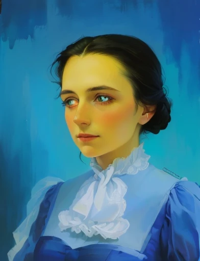 painting of a woman in a blue dress with a white collar, inspired by Heinrich Maria Davringhausen, inspired by Ada Gladys Killins, inspired by Constance-Anne Parker, inspired by Charmion von Wiegand, inspired by Amalia Lindegren, inspired by Dorothea Warren O'Hara, inspired by Olive Mudie-Cooke, color portrait