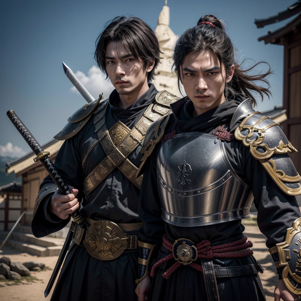 Create a Paladin and a Samurai from different eras and with warrior characteristics, the Samurai is an older man and is holding his weapon (katana) and his armor is classic and he has a mask hanging around his neck (chewing on an oni). The Paladin is a man and a woman, there are 2 people, the man is older and has a double-edged sword with a handle with details of wood and gold and the one who is his sister is positioned in combat form and has a metal club on her back and the sword raised and with the shield. Para reforçar os paladinos o homem e sua irmar mais nova são inimigos do Samurai que esta com uma armadura tradicional do Japão e com uma mascara de demonio pendurada no pescoço e ele esta sozinho e contenplando a paisagem do Japão, sua katana é feita de ferro e sua bainha com detalhes de ferro e ouro