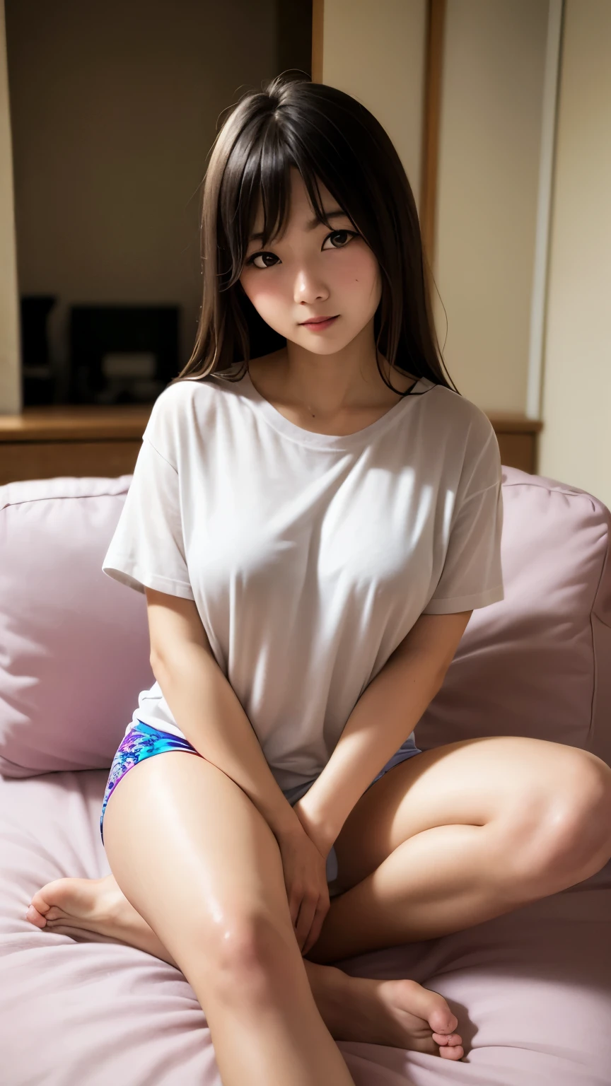 beautiful girl、 Japan beautiful girl、whole body、Light clothing、Put your feet up、On the futon、barefoot、((Sexy))、Oversized shirt、