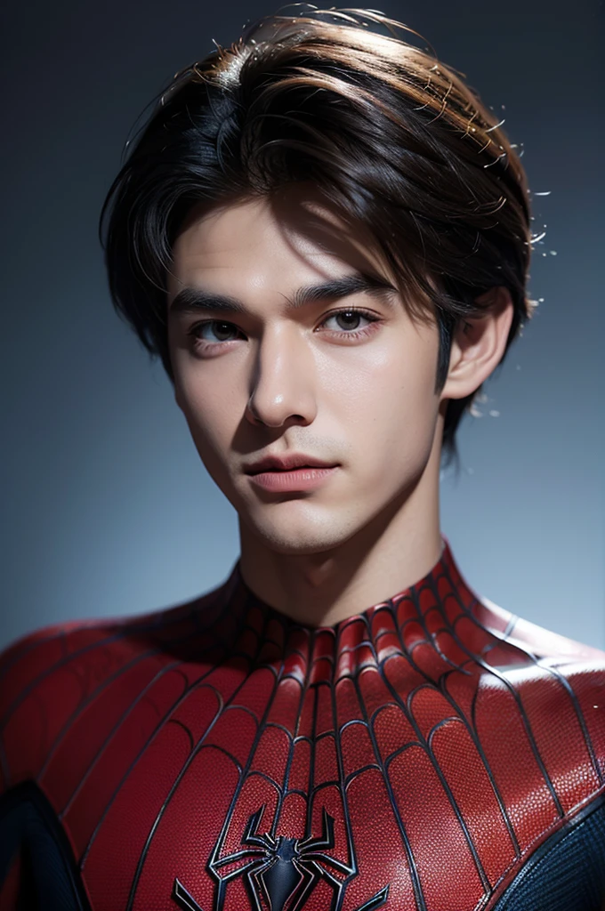 A photograph of spider man, no mask, 20 yo, handsome, detailed face, looking at camera, portrait, 8k uhd, high quality