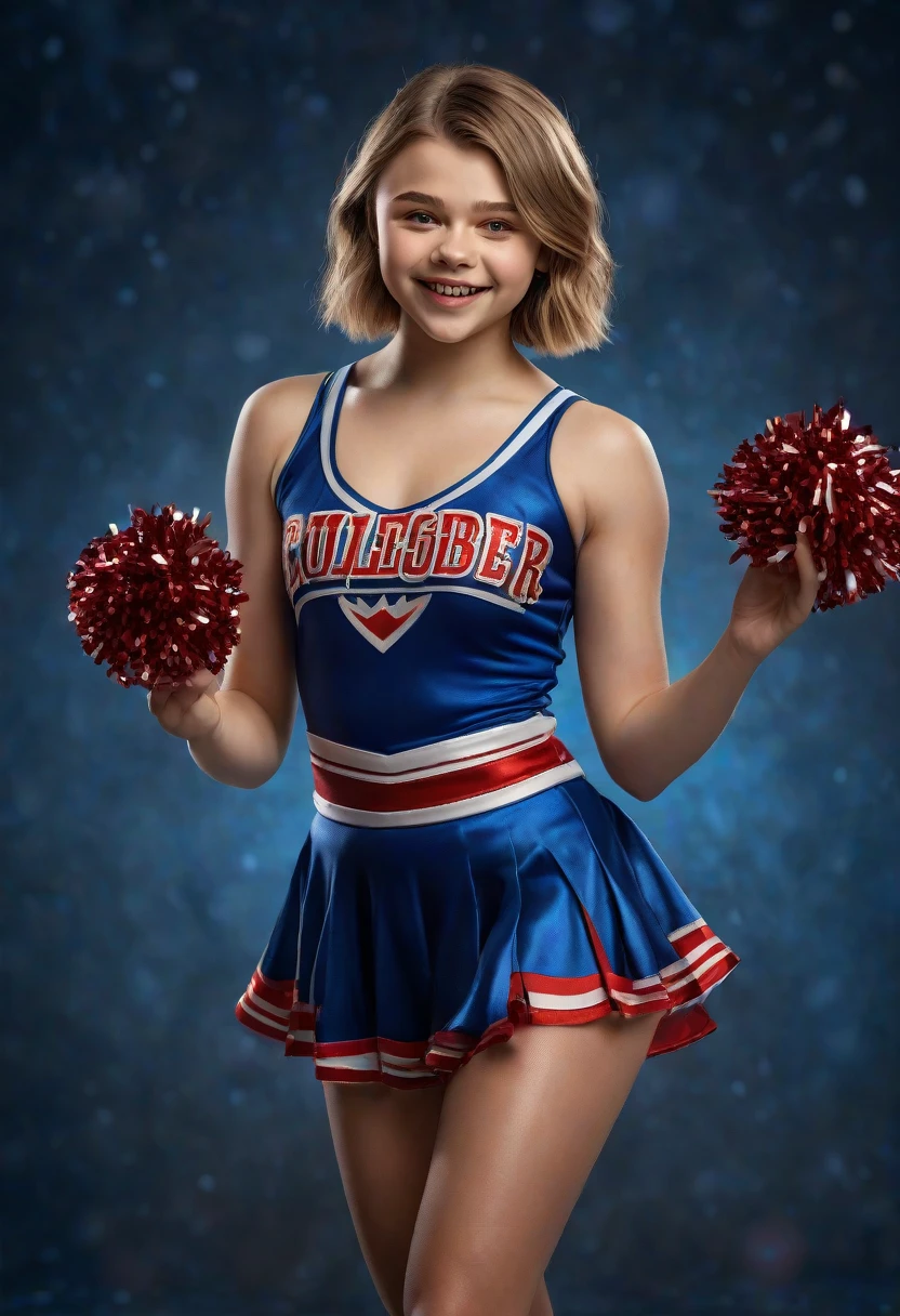 1girl, Chloe Moretz, cheerleader uniform, short brunette hair, sheer shimmering silky shiny tan pantyhose, 5 inch scarlet high heels, holding pompoms, cheering, studio photo shoot, photorealistic, best quality, 8k, highres, masterpiece:1.2, ultra-detailed, realistic, photorealistic, photo-realistic:1.37, HDR, UHD, studio lighting, extreme detail description, professional, vivid colors, dramatic lighting, dynamic pose