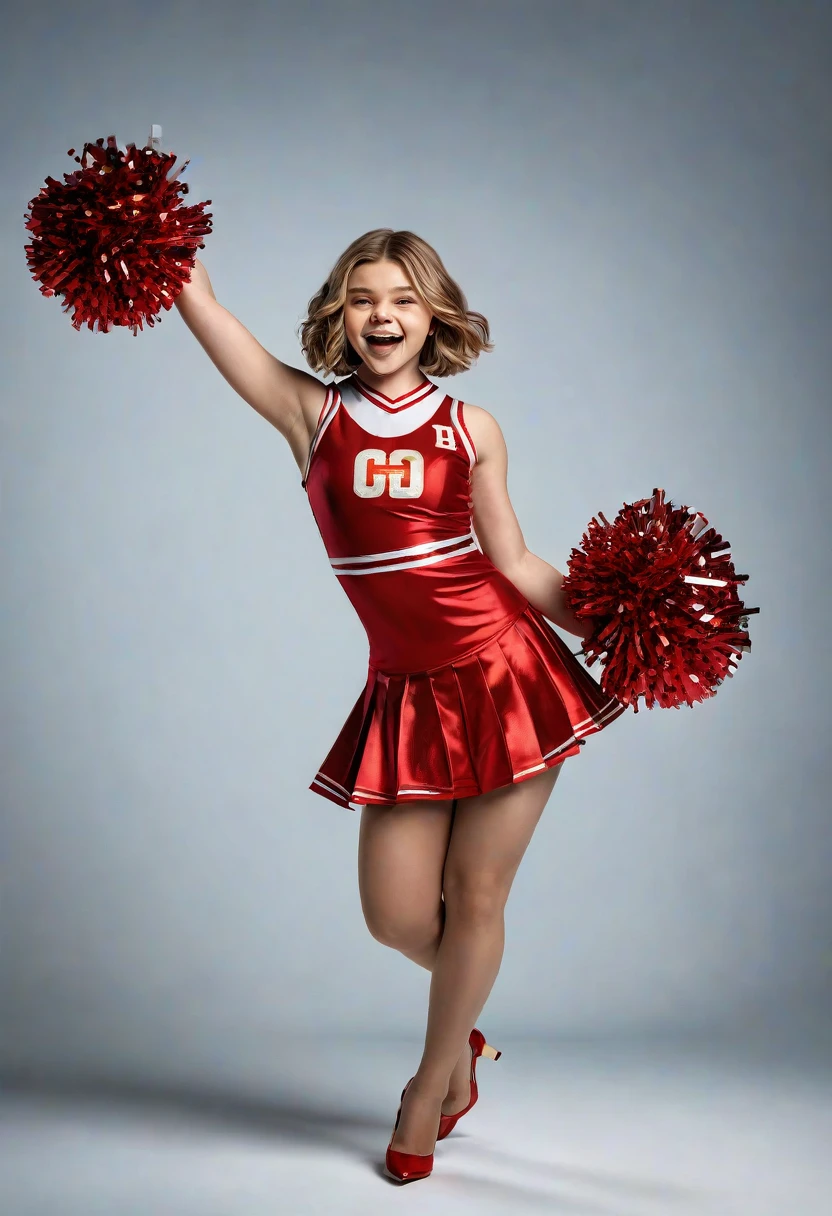1girl, Chloe Moretz, cheerleader uniform, short brunette hair, sheer shimmering silky shiny tan pantyhose, 5 inch scarlet high heels, holding pompoms, cheering, studio photo shoot, photorealistic, best quality, 8k, highres, masterpiece:1.2, ultra-detailed, realistic, photorealistic, photo-realistic:1.37, HDR, UHD, studio lighting, extreme detail description, professional, vivid colors, dramatic lighting, dynamic pose