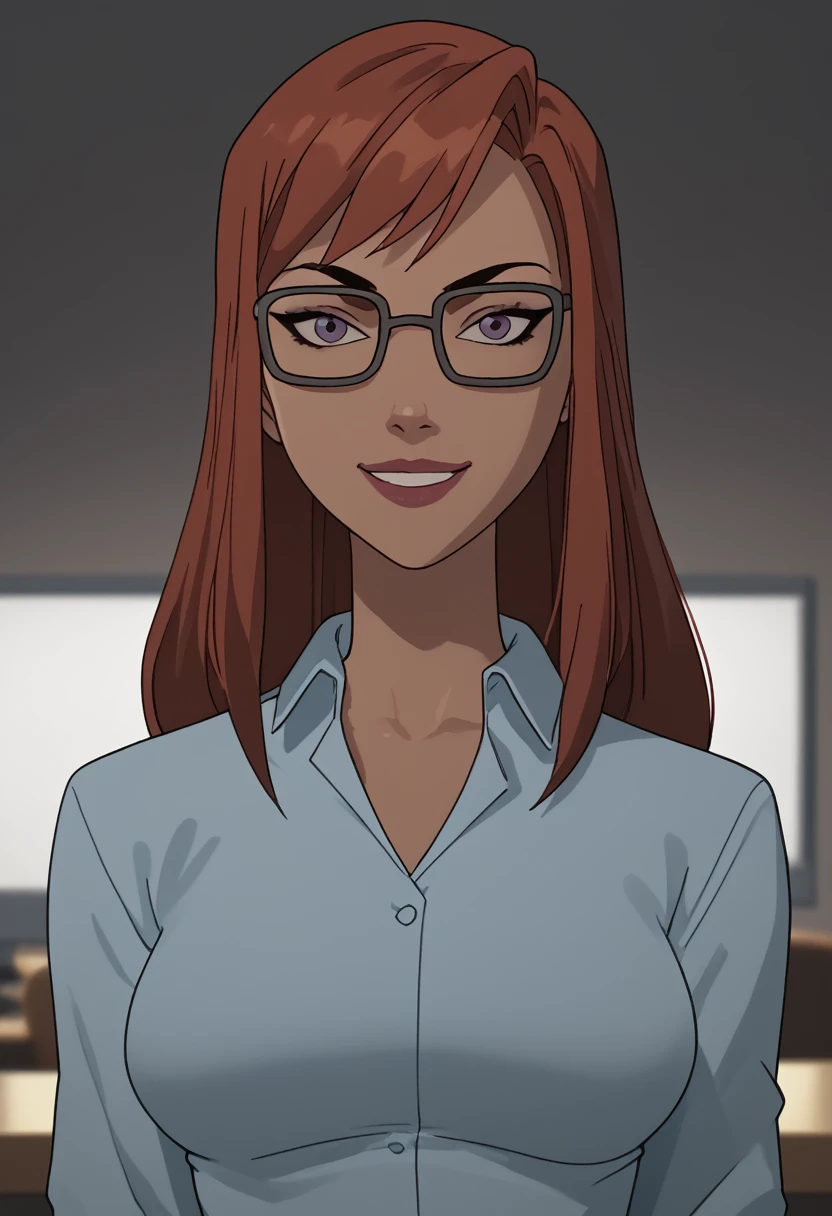 BarbaraG, 1girl, solo, glasses, looking at viewer, long hair, red hair, shirt, upper body, belt, makeup, black-framed eyewear, indoors, collared shirt, breasts, smile, looking at viewer, score_9, score_8_up, score_7_up, score_6_up, score_5_up, score_4_up
