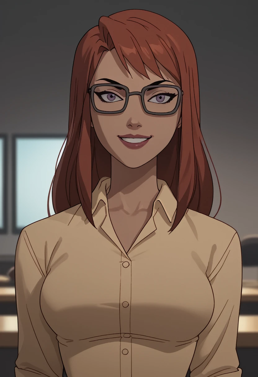 BarbaraG, 1girl, solo, glasses, looking at viewer, long hair, red hair, shirt, upper body, belt, makeup, black-framed eyewear, indoors, collared shirt, breasts, smile, looking at viewer, score_9, score_8_up, score_7_up, score_6_up, score_5_up, score_4_up
