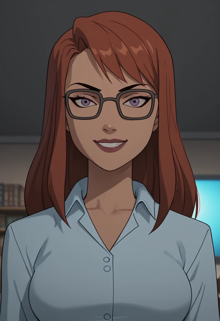 BarbaraG, 1girl, solo, glasses, looking at viewer, long hair, red hair, shirt, upper body, belt, makeup, black-framed eyewear, indoors, collared shirt, breasts, smile, looking at viewer, score_9, score_8_up, score_7_up, score_6_up, score_5_up, score_4_up
