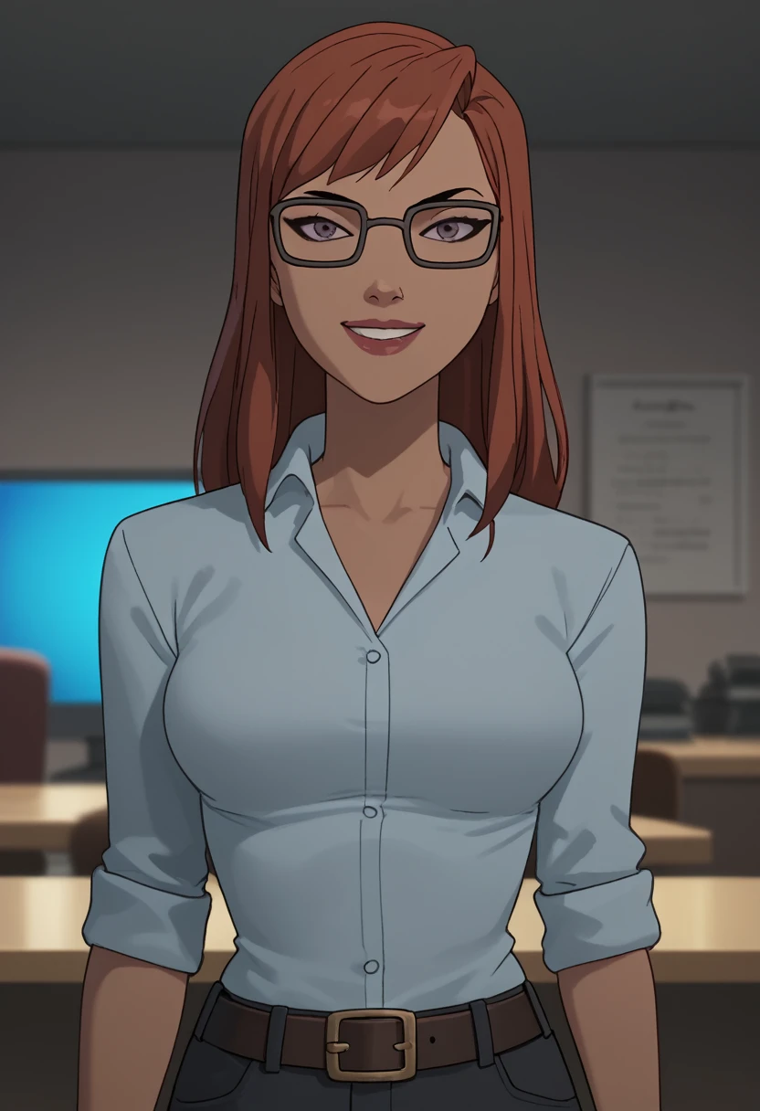 BarbaraG, 1girl, solo, glasses, looking at viewer, long hair, red hair, shirt, upper body, belt, makeup, black-framed eyewear, indoors, collared shirt, breasts, smile, looking at viewer, score_9, score_8_up, score_7_up, score_6_up, score_5_up, score_4_up
