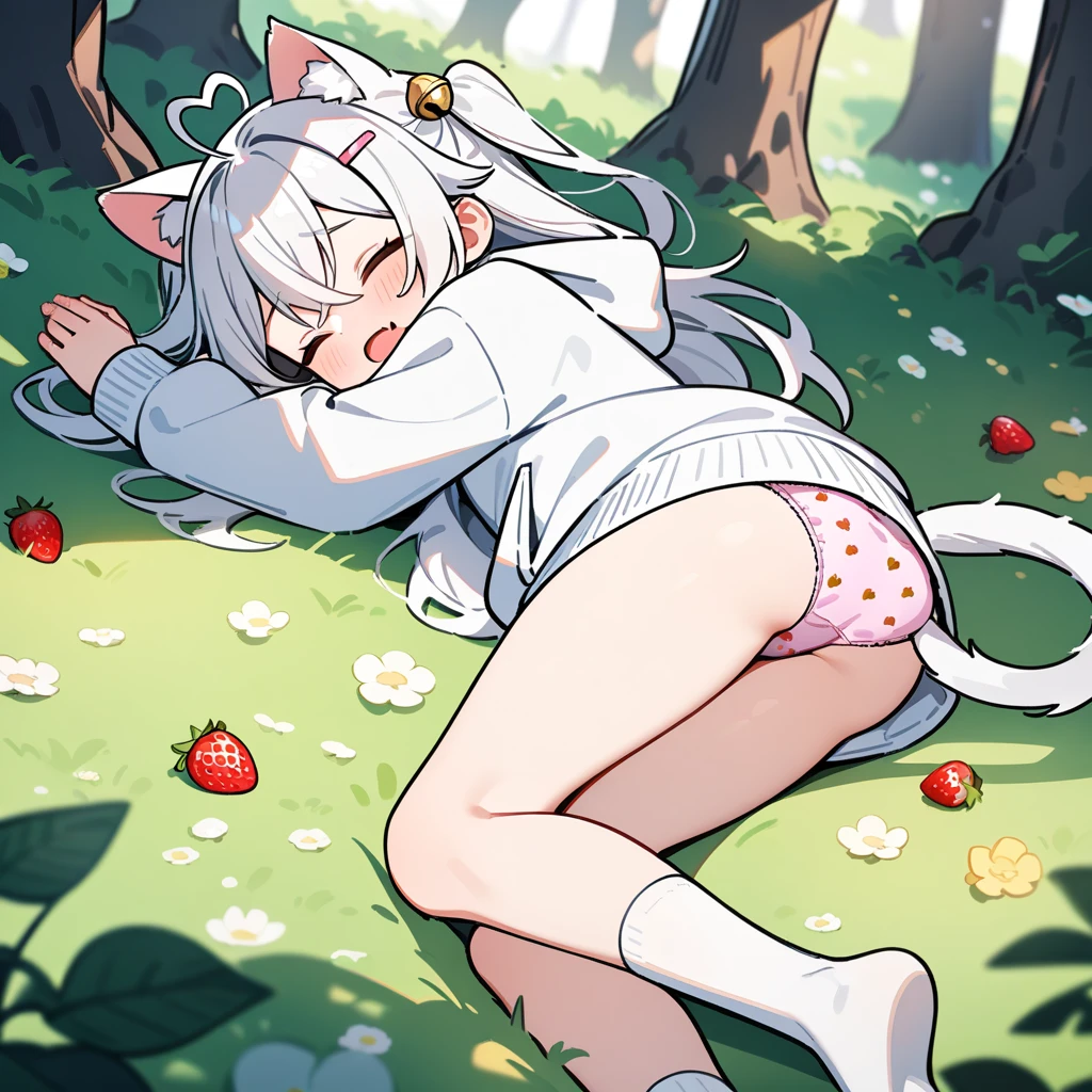 (masterpiece:1.2,high quality),8K,High resolution,A seven-year-old girl,cute girl,white hair,long hair,crossed bangs,hair bell,hairclip,hair two side up,Sleeping,heart ahoge,cat ears,laughing,skin fang,saliva,Wear a white hoodie,no shorts,Strawberry pattern ,Bows on pantiesin the forest,There are flowering trees on both sides,primary school student,thigh,Calf,white socks,cat tail,alone,(Put your hands in your pockets)