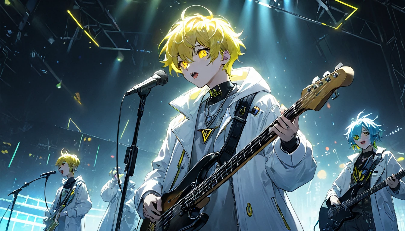 Boy singing in a band 、Guitarist、bassist、drummer、whole body、cyber punk、Yellow Eyes、Glowing Eyes、White coat、Open coat、Teen