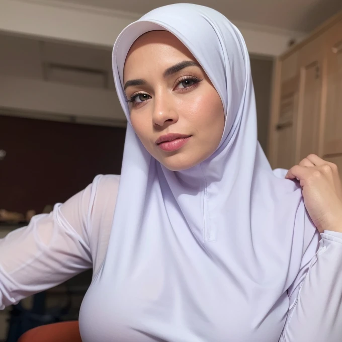 1girl, white silky dress, wearing hijab, blue skirt, long sleeve,, classroom background, beautiful, pretty, blushing, flawless, best quality, masterpiece, ultra high res, (photorealistic:1.4), raw photo, (large breasts,full body:1.2), ((closed clothes)), detailed two arms, ((both arms squeezed the breasts)) ((wearing short hijab)), detailed beautiful eyes, detailed reddish lips