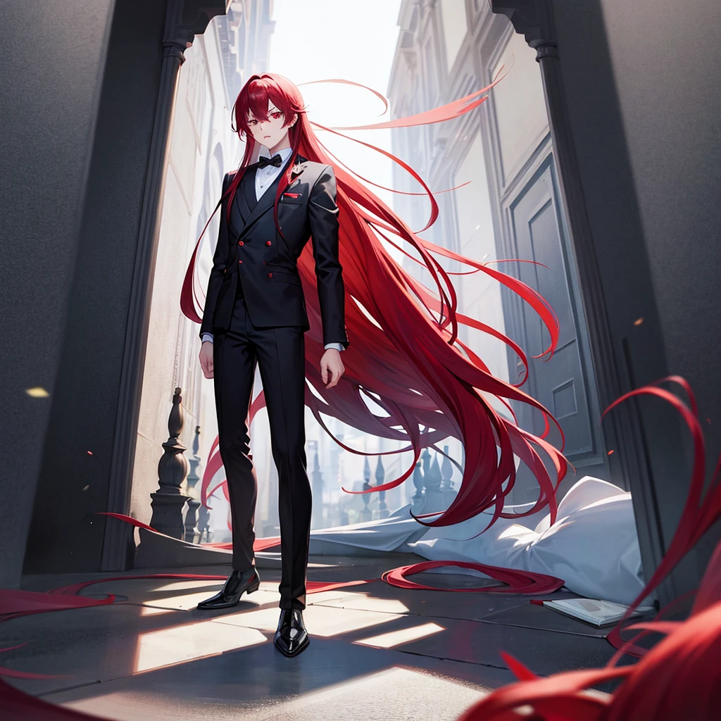 art anime boy man with formal clothes red eyes and long red hair full body