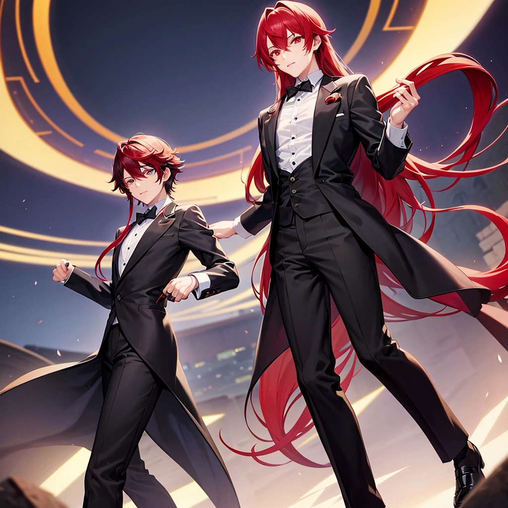 art anime boy man with formal clothes red eyes and long red hair full body