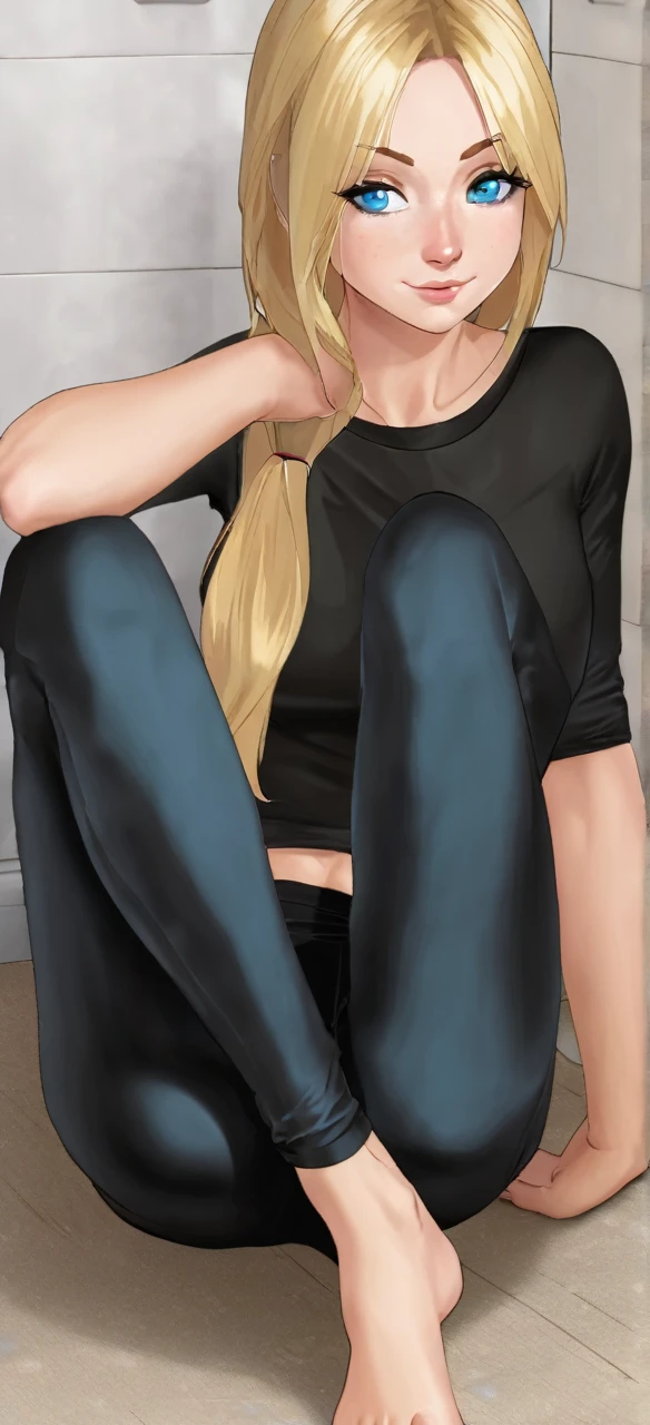 Make an image of a blonde with blue eyes in black leggings and barefoot shitting in her pants