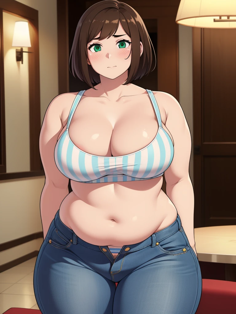 ((highres)), Masterpiece, high quality, best quality, beautiful, perfect lighting, detailed face, ultra cute face, cowboy shot ((1girl)), ((solo)), blush, short brown hair, fluffy hair, green eyes, crop top, jeans, hotel lobby, small breasts, perky breasts, cleavage, ((wide hips)), (((thick thighs))), bottom heavy, (pudgy),(Visible stripe thong).