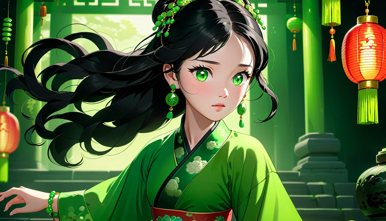 a young chinese woman named eva, eggshaped face, fair skin, green eyes, wavy black long hair, wearing green traditional chinese dress, green earrings, green necklace, green bracelets, stomping her feet in frustration, highly detailed, photorealistic, 8k, dramatic lighting, cinematic, cinematic composition, vibrant colors, volumetric lighting, dramatic shadows, chiaroscuro lighting