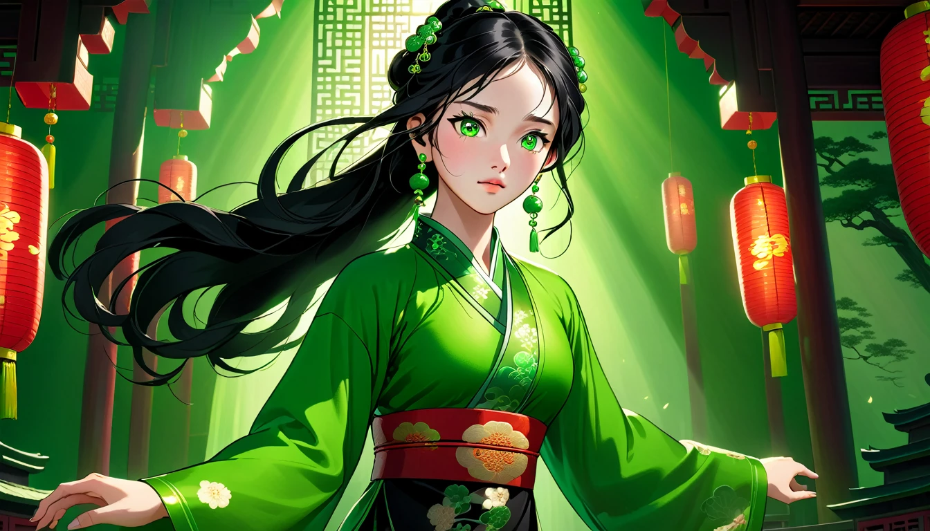 a young chinese woman named eva, eggshaped face, fair skin, green eyes, wavy black long hair, wearing green traditional chinese dress, green earrings, green necklace, green bracelets, stomping her feet in frustration, highly detailed, photorealistic, 8k, dramatic lighting, cinematic, cinematic composition, vibrant colors, volumetric lighting, dramatic shadows, chiaroscuro lighting