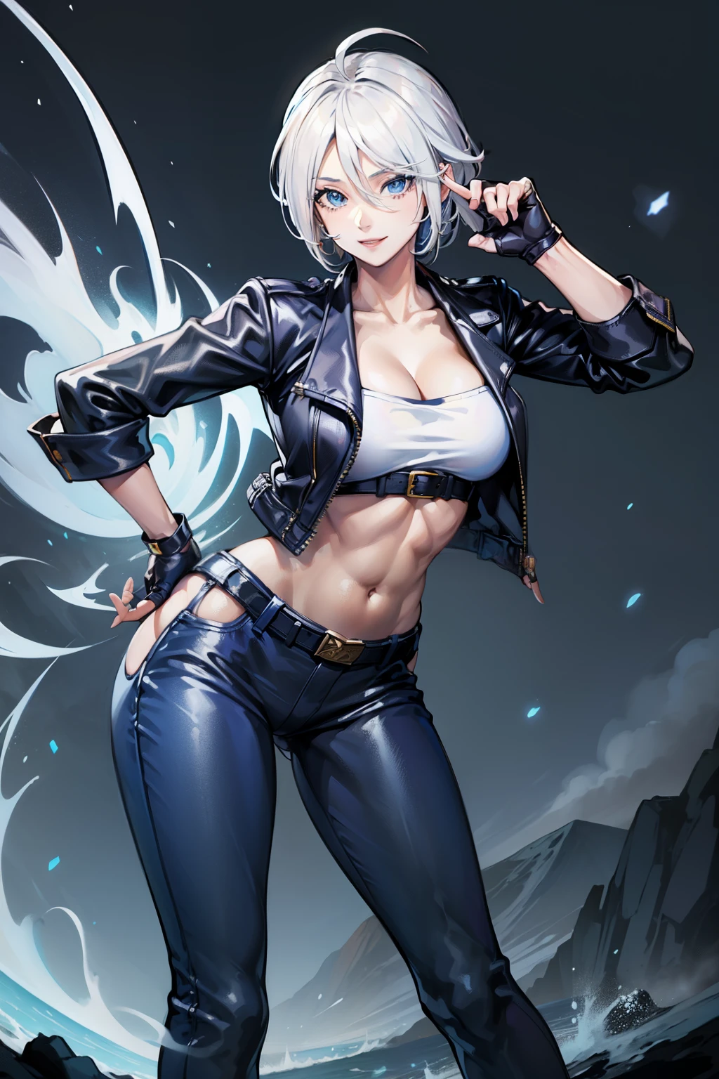 (masterpiece), best quality, expressive eyes, perfect face, highres, 1girl, solo, angelms, white hair, jacket, ahoge, fingerless gloves, midriff, hands to hips, leaning forward, smiling, fanstasy background, particles, magic, standing,cowboy shot, looking at the viewer, from front