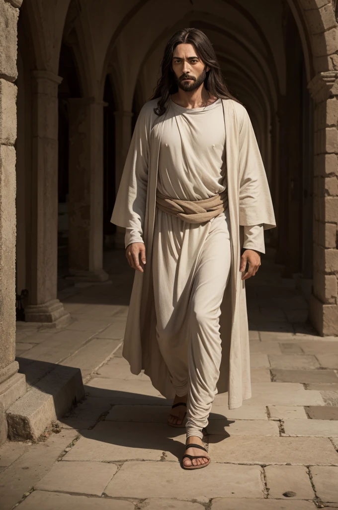 jesus, walking calmly, but visibly tired.