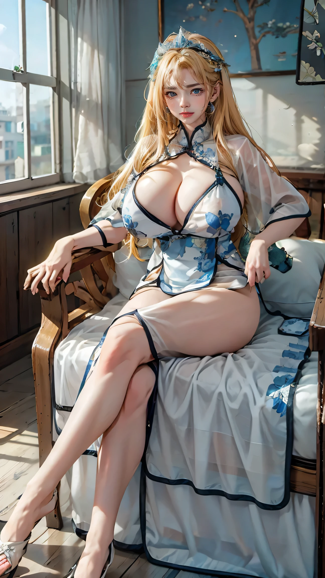 Best quality, masterpiece, ultra high res, raw photo, beautiful and aesthetic, deep shadow, fairy theme,(ultra detailed:1.3),
1girl, sexy pose, headdress, (beautiful face, detailed eye:1.2), embarrassed, drill hair, long hair, blonde hair, gradient hair, yellow eyes, solo, (busty breasts, gigantic breasts:1.1), big hair, blue hair, divine goddess, looking at viewer, indoors, royal palace, luxurious bedroom, room full of curtain, astraea, full body, chinese clothes