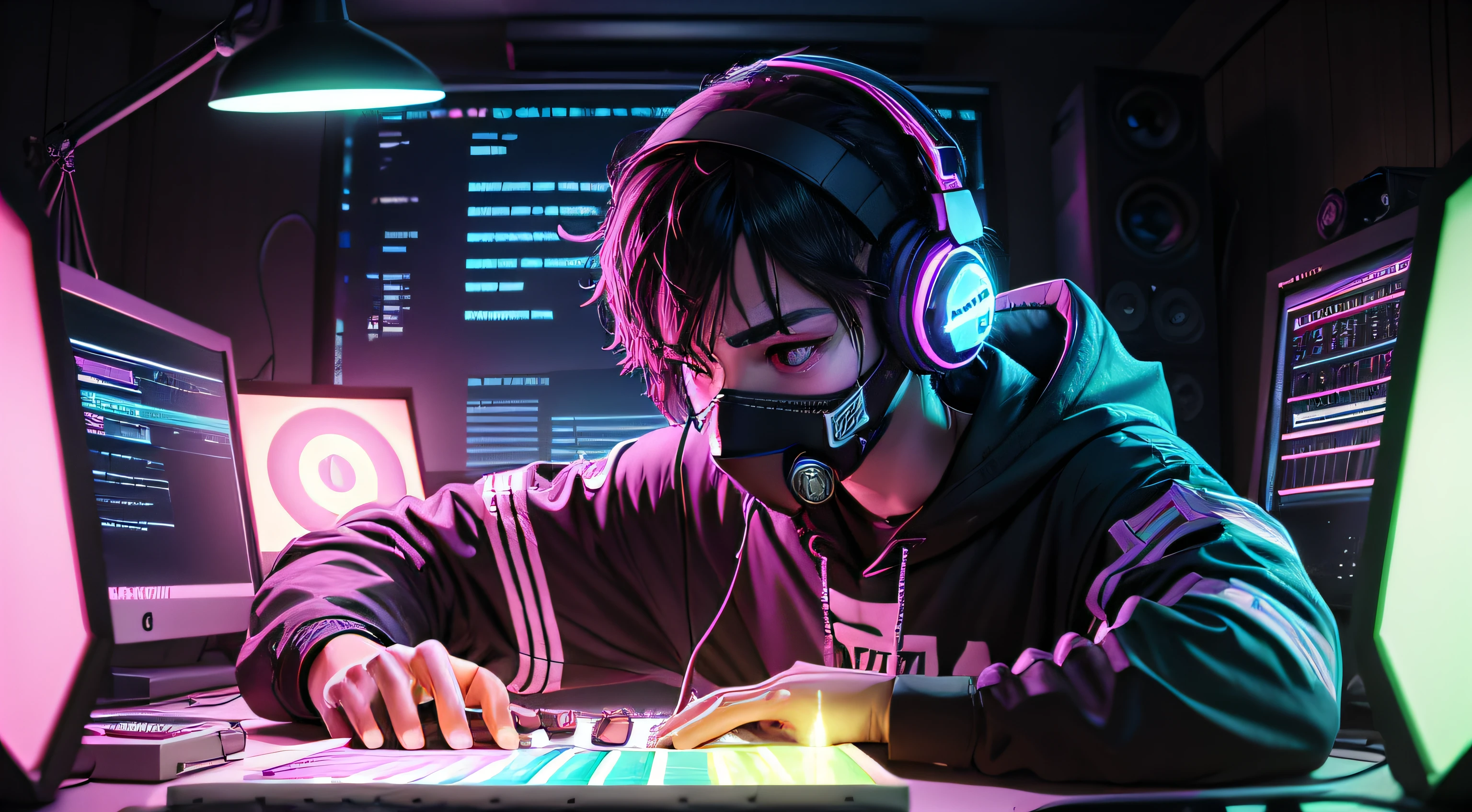 A beatmaker with a mask wearing headphones in a homestudio, darkness background, neon colors