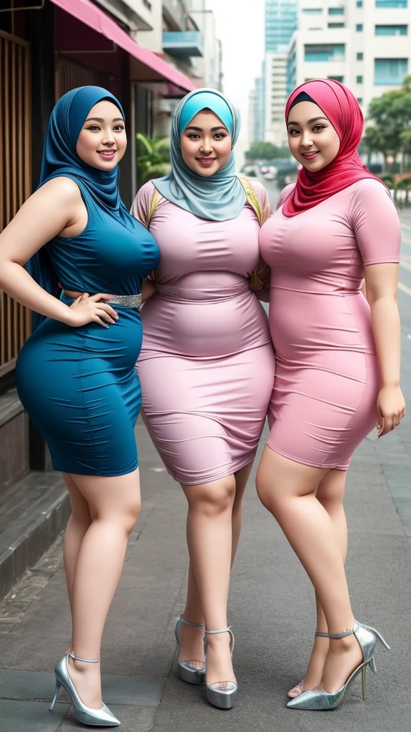 3beautiful women smile,hijab ,eropa,cina,thick body,big body,curve body, model,shap body, body,pake dress mini, merah,biru,ungu,pink,silver sedang jalan di pesta 