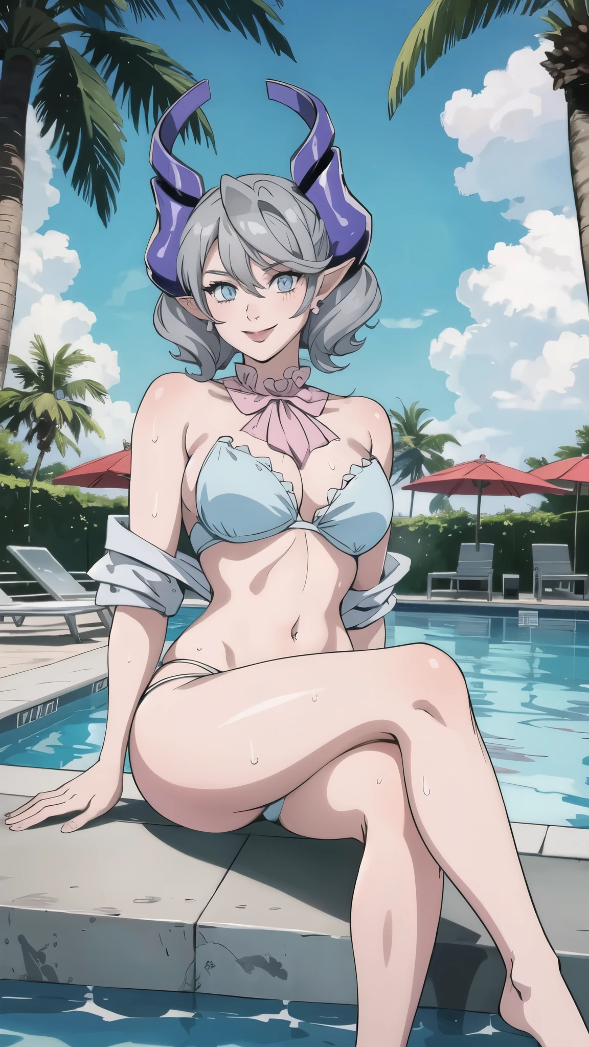 High level image quality best image quality 8K adult woman pool party rain palm trees more colors whole body view portrait bikini horn ears short hair((shortcut)(gray hair)(perm)(fluffy)) eye color is blue , , attractive evil face , smile , sexy pose , labrynth , barearm , wearing pink shirt , sitting on person by the pool , crossed legs , all wet , wet hair