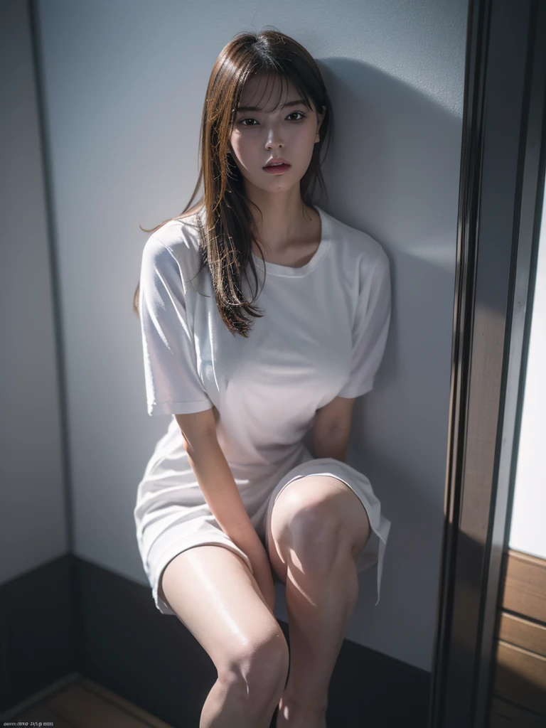 1girl, 19yo, woman, masterpiece, best quality, highest quality, cinematic lighting, (volumetric lighting), extremely detailed CG unity 8k wallpaper, focused, 8k wallpaper, extremely detailed, ultra realistic, photorealistic, sharp focus, absurdres, (HDR:1.2), (high contrast), photograph, detailed and intricate, instagram, portrait, highly detailed, digital painting, artstation, concept art, smooth, sharp focus, illustration, cinematic lighting, (whole body:1.2), (big :1.3), exposed thighs, (show legs), (beautiful white thigh), Skirts should be shortened, look at the viewer, white uniform, full body photo, ( with hands on knees),