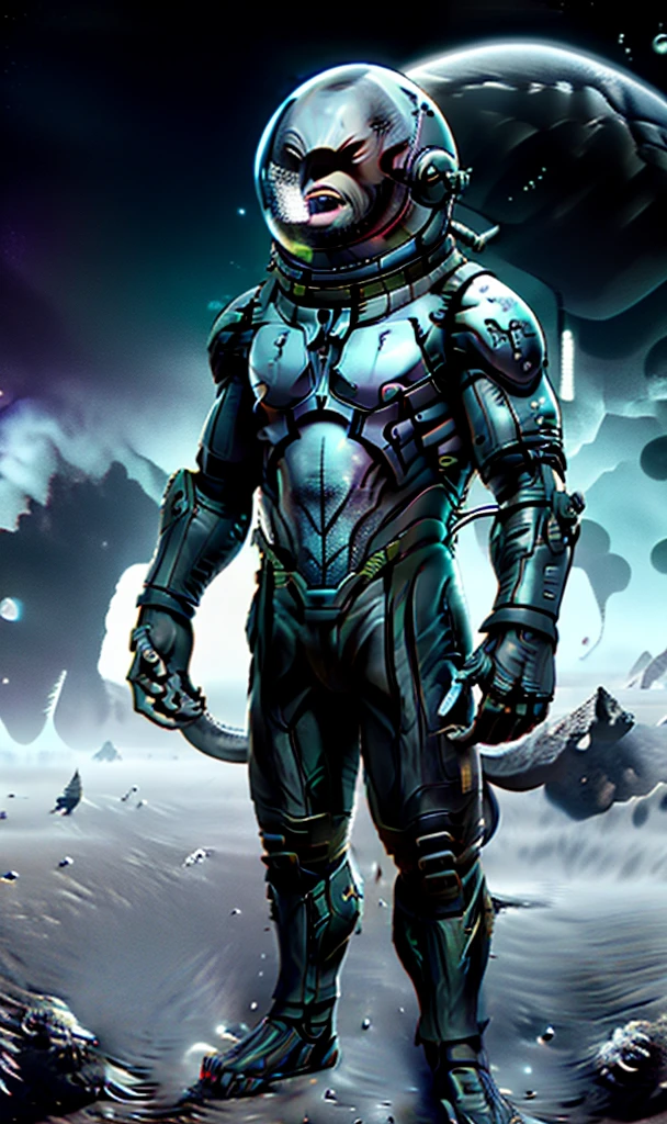 hammh2023, 8k, uhd, science fiction, best quality, masterpiece, photorealistic, space suit with bubble helmet, large head, long limbs, sharp teeth, detailed purple skin, wide angle shot, action pose standing in a hay field, claws, 3 fingers, mutant, alien, creature, monster, giant hammerhead in a field wearing a space suit with a glass bubble helmet