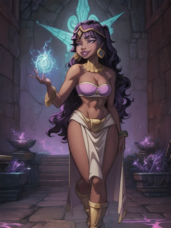 1girl, solo, masterpiece, 4k, best quality:1.2, (cowboy shot), best quality:1.2, NICE HANDS, COLORFUL, (perfect hands, perfect )), Dark Fantasy style, Dark Fantasy environment, chel, tharja, 25 year old woman, sorceress, (Dark skin:1.5), purple hair, wavy hair, long hair, purple eyes, mascaras purple eyeshadow, smile, purple lipstick, tattoos, medium breasts, waist, slender legs, attractive body, slim figure, perfect shape, (Wearing: golden headpiece, necklace, purple bandeau, golden belt, sarong, bracer, golden boots:1.2), both hands glowing bright purple, purple magic, bright purple sparks in both hands,
