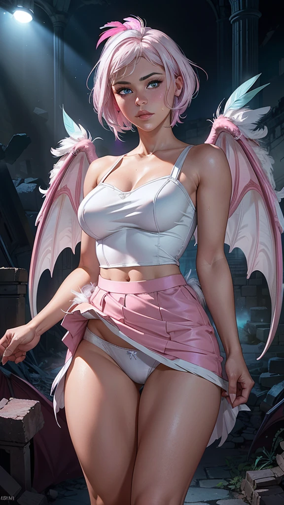 (La Best Quality,A high resolution,Ultra - detailed,actual),Selena Gomez xuer hologram Laser dress,(Short pink and white hair:1.4) ,(mini skirt pink :1.4) ,(Ruined dungeon ruins background:1.4 ), More detailed 8K.unreal engine:1.4,UHD,La Best Quality:1.4, photorealistic:1.4, skin texture:1.4, masterpiece:1.8,first work, Best Quality,object object], (detailed face features:1.3),(The correct proportions),(Beautiful blue eyes), (cowboy pose), Selena Gomez :1.4),( cinematic lighting :1.4), (skirt lifted by itself: 1.1), (skirt lift: 1.3), (showing white panties: 1.3), (bright colors) , (perfect anatomy :1.4),( has big dragon white feather wings:1.4), manos perfectas: 1.5, (dragon alas V2.1) 