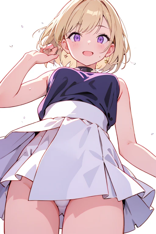 1 girl in, purple color hair、Purplish pink eyes that dreamers desire, (Blonde hair) , small stature, Colossal tits, Lori, (masutepiece:1.2, Best Quality), (finely detailed beautiful eye: 1.2), (beautifull detailed face), (Best Illumination, extremely delicate and beautiful), ((Cinematic Light)), Dramatic light, (Pale white background:1.5), Short bob hair(1:3)、Ultra Contrast、Braid a little around the ears, White long dress、only has 5 fingers、Her pussy is visible through the white thong、Wet pants、You can see inside your underwear、full of sweat、mocking look、diaper、nffsw,Arms crossed、grab the arm、Shoot from below,Best Quality、Large breastuscular pussy、Pubic hair,high-level image quality、hightquality、8K,perfect hand、5 fingers、finger pin、Perfect Finger、T back、Naked、noise cut、bullet hand、Her hair color should have been a brighter purple.The skirt part is also carefully expressed..、Purple skirt、the skirt is floating in the wind、Dark purple panties、Pubic hair majority,(with sparkling eyes and a contagious smile),open mouth,from below:1.2, highest quality, high resolution,Real World, Natural light,perfect Natural light, Looking at Viewer,