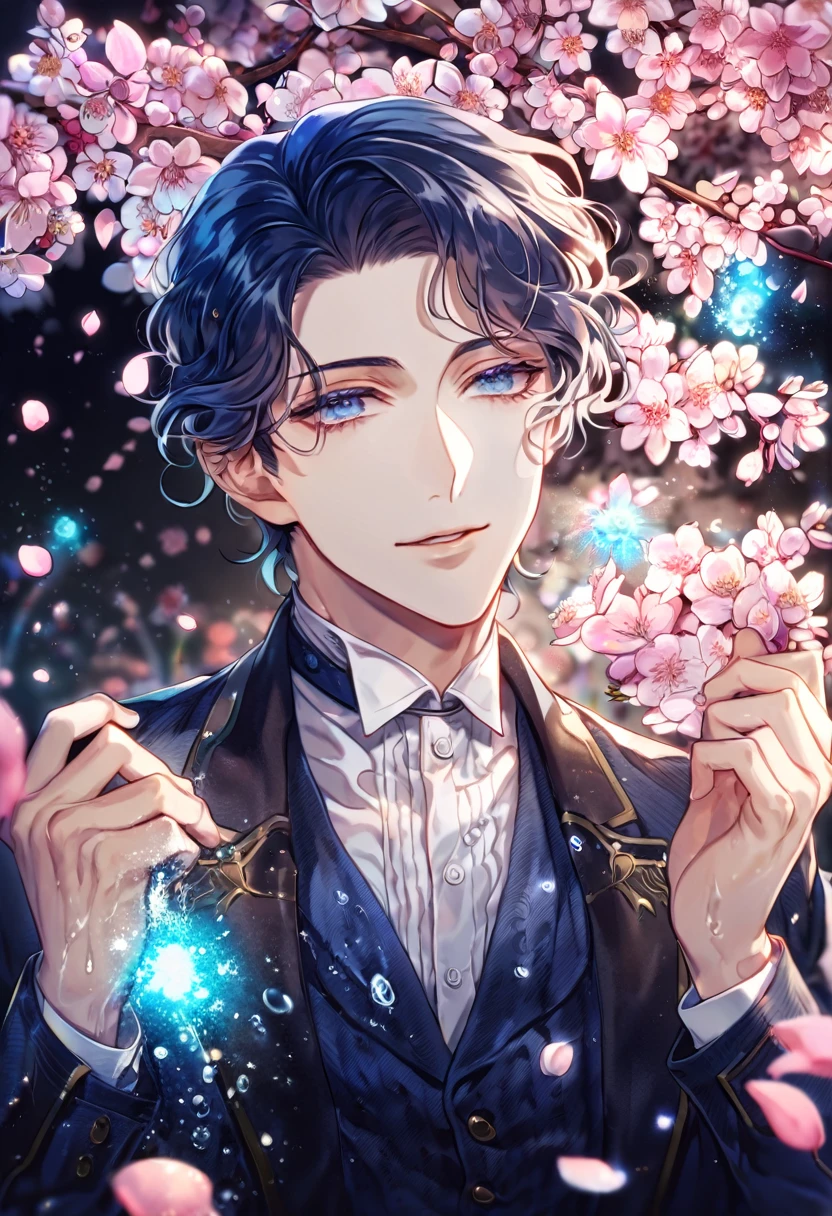 absurdres, highres, ultra detailed, HDR, master piece, Sherlock Holmes, dark blue hair, wavy hair, dark blue suit with a white shirt, expressive dark blue eyes, Yukoku no Moriarty, sexy man, handsome, best quality, blossoms, pink petals, pink flowers, water, fantasy, magical, blue shining fireflies, solo, toned chest,
