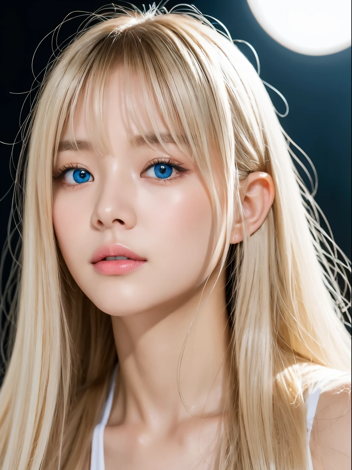 Bright expression、Photorealism、Highest quality、Ultra-high resolution、picture、Photos of the most beautiful Scandinavian girls、A cute and beautiful face down to the last detail、Small Face、(Purelos Face_v1:0.008)、Beautiful Bangs、Alice in Wonderland、18-year-old、Glowing White Skin、Hair sticks to face、Bangs on the face、Bans、Hair between the eyes、Super long hair、Attractive bright natural platinum blonde super long straight silky highlighter hair、Beautiful bright transparent light blue big eyes that are charming and shining、camisole、bikini、eyeliner、double eyelid、Ample breasts