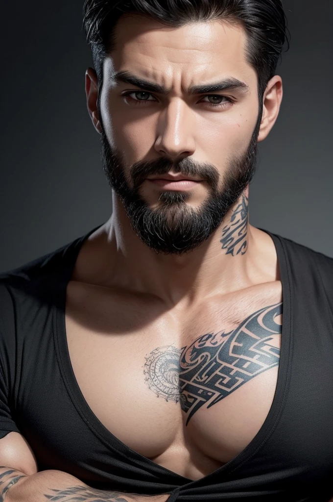 Chat gpt provide an image of a man with the following characteristics please;
one-ninety-eight White American Male Solid, sculpted muscles on every inch of his powerful body.
His black hair met his shirt collar gray eyes thick dark black hair thin scar cutting across his left eyebrow, giving a menacing touch to good looks.
shadow of a beard on his face, a hint of a tattoo escaping from both sleeves of his shirt.