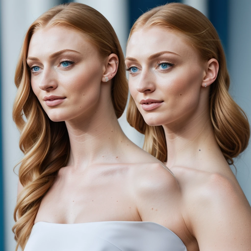 a stunning photo of Sophie Turner woman in a figure hugging white top and blue jeans, natural lighting,
epic character composition,
sharp focus, film grain, high quality, solo 1 woman, ponytail hair, nsfw
