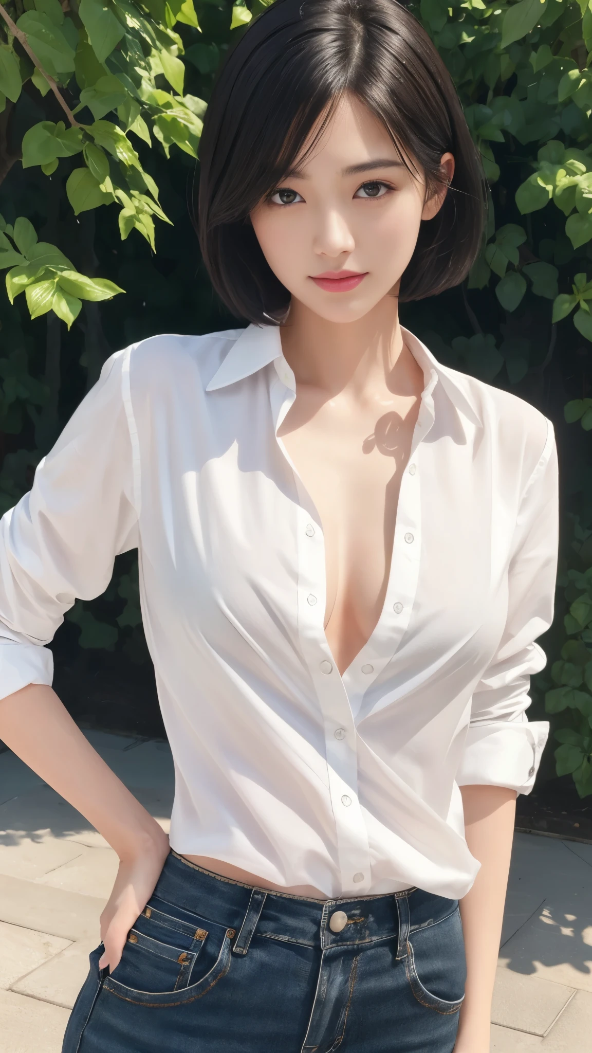 (masterpiece:1.3), (8K, Realistic, RAW Photos, Highest quality: 1.4), Japanese, (One girl), Beautiful Face, (Realistic Face), (Black Hair, short hair:1.3), Beautiful hairstyle, Realistic eyes, Beautiful attention to detail, (Realistic Skin), Beautiful Skin, Charm, Ultra-high resolution, Ultra-realistic, Very detailed, Golden Ratio, (Detailed face:1.2),View your viewers,smile,Open white shirt,Medium chest,Are standing,Hands on hips