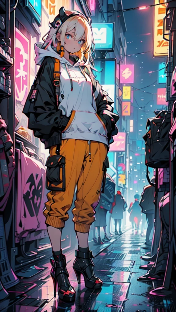 a girl with long yellow hair, blue eyes, wearing an orange hoodie and black heels, in a cyberpunk setting with her hand in her pocket, pink background