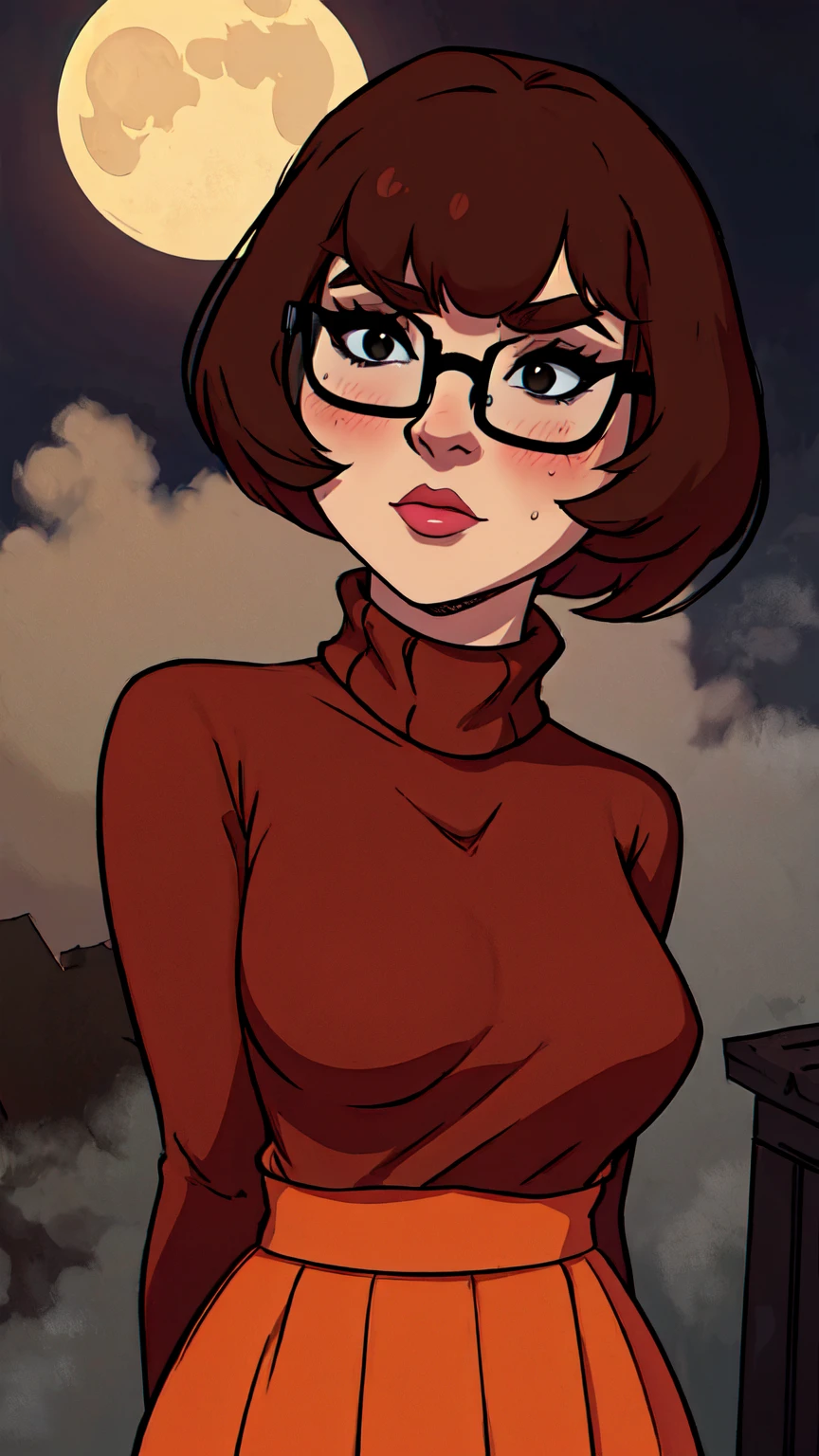 1girl, Velma from scooby-doo, solo, fat, brown hair, black eyes, square glasses, (orange turtleneck) blouse and red skirt,  eyeliner, looking at viewer, lips, brown bob cut, blunt bangs, blush, standing, upper body, face focus, outdoors, horror \(theme\), night, fog egirlmakeup,  moonlight background