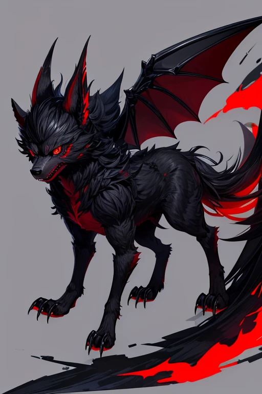 adult demon wolf quadruped with black fur with four red eyes scorpion tail bat ears pointed fangs wings on the back gray background